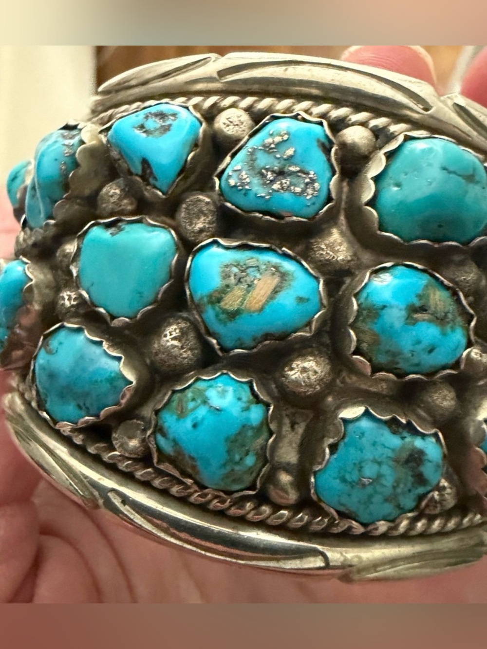 Massive Vintage Navajo Nugget Turquoise Sterling Silver Cuff Bracelet 66 Grams - Picture 6 of 9
